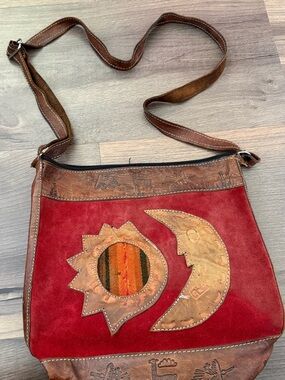Sun & Moon Leather & Tapestry South American Crossbody Bag - Handmade - 10x10